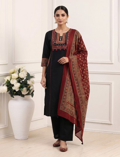 Black cotton printed palazzo set with mirror accents