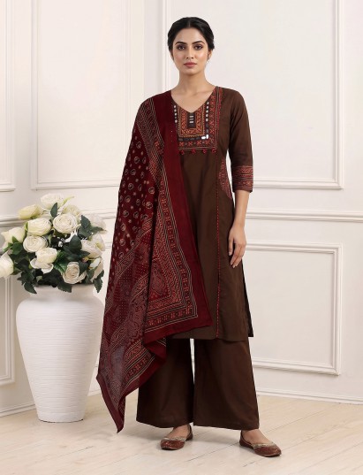 Brown cotton printed palazzo set with mirror detailing