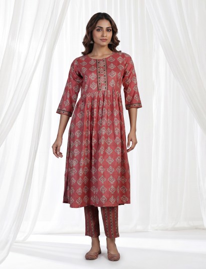 Brown muslin silk printed kurti set with aabla and pants