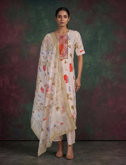 Beige modal silk yoke style kurti set with dupatta and pant