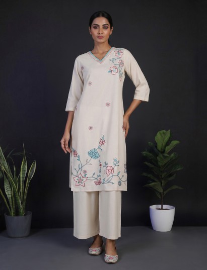 Cream linen straight cut kurti set with palazzo