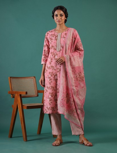 Pink silk printed straight cut kurti set with dupatta and pants