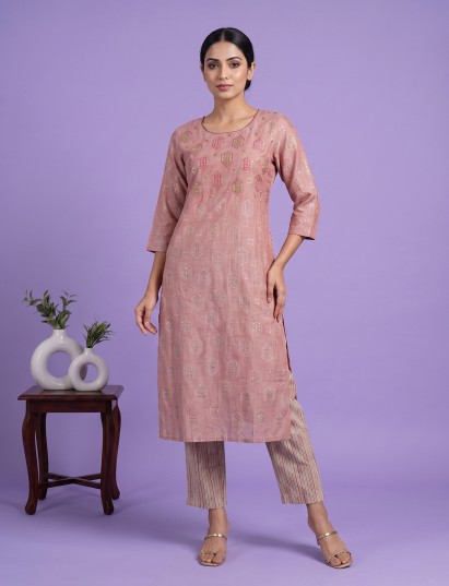 Onion pink silk printed dupatta pants set