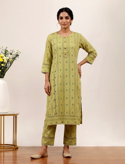 Green cotton printed straight cut kurti set