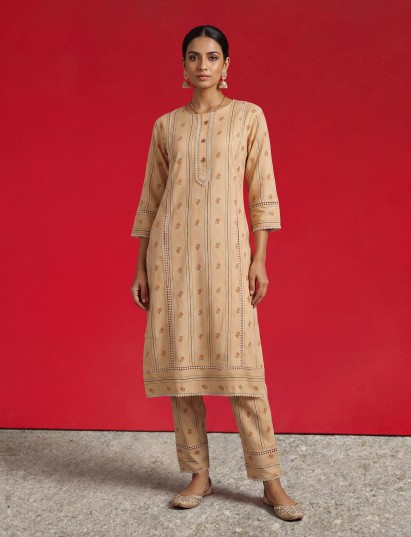 Beige cotton printed straight cut pants set