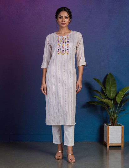 White cotton straight cut kurti set with delicate embroidery work