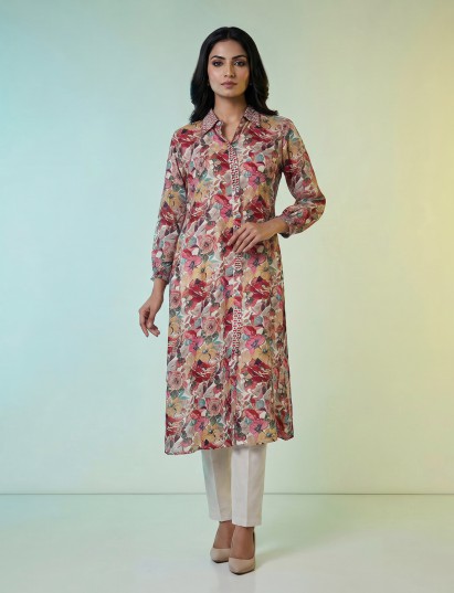 Maroon modal silk floral printed kurti with aabla and beads work