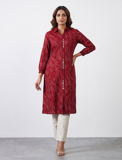 Maroon chanderi silk printed kurti with exquisite cutdana and beadwork