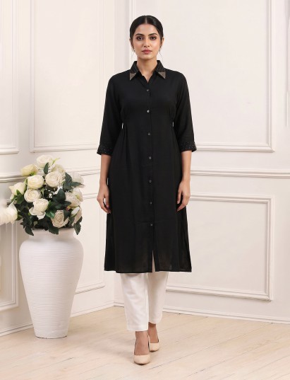Black polyester embellished kurti with elegant beads and sequins detailing