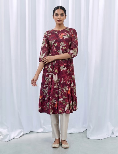 Purple paper silk floral printed kurti with delicate cutdana embellishments