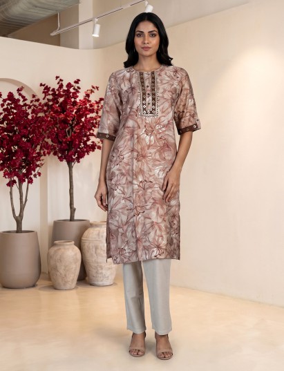 Brown silk floral printed kurti with elegant threadwork