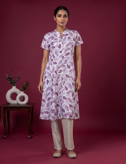 Purple chiffon printed kurti with stand collar and elegant cap sleeves