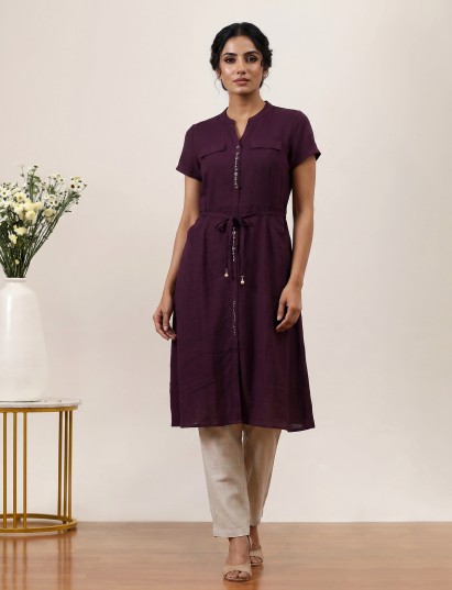 Wine silk designer kurti featuring stand collar and stylish waist belt