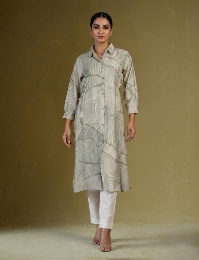 Pista green silk printed kurti with elegant collar neckline and sleeves