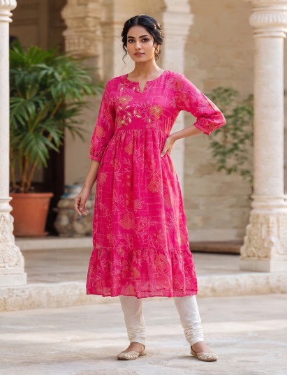 Pink tussar silk bandhej printed kurti with pearls work