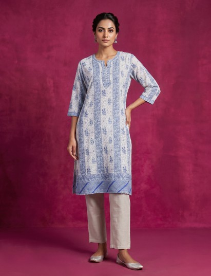 Blue chikan printed kurti featuring graceful quarter sleeves for women