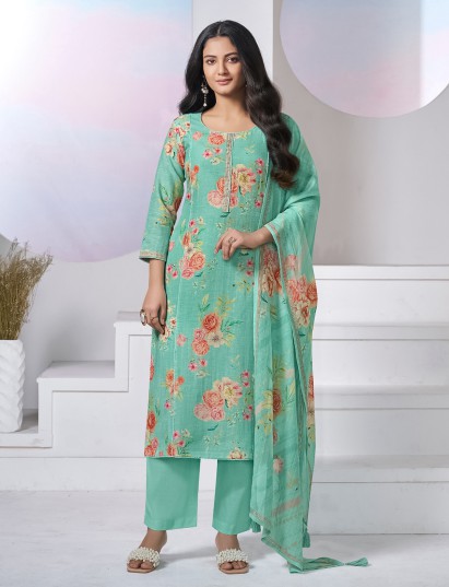 Sea green floral printed cotton silk festive salwar suit