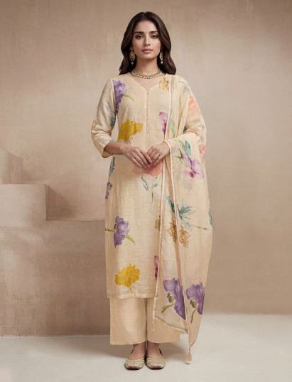 Beige printed linen silk festive salwar suit with dupatta