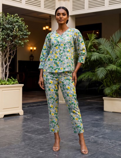 Green rayon cotton floral pant co ord set with flattering V neck