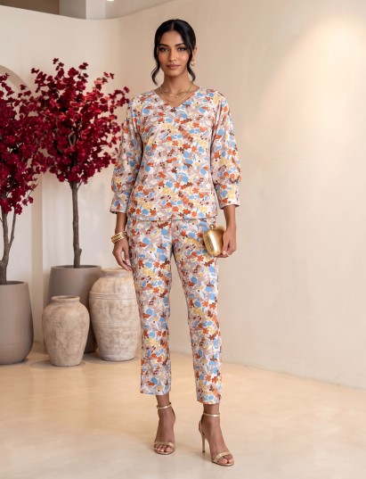 Brown rayon cotton floral pant co ord set with V neck styling
