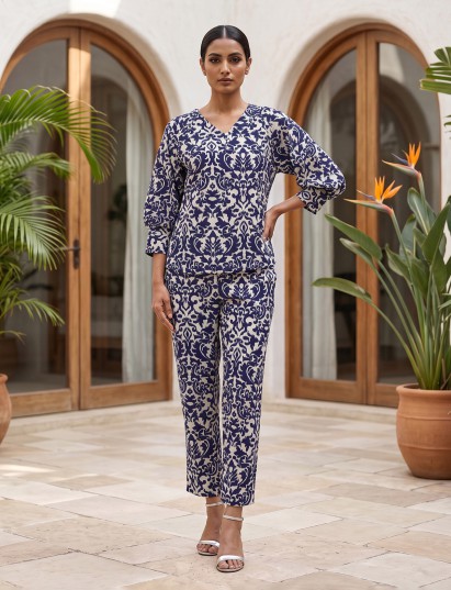 Blue rayon cotton printed pant co ord set with V neck