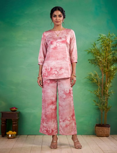Pink satin floral printed palazzo co ord set with graceful styling