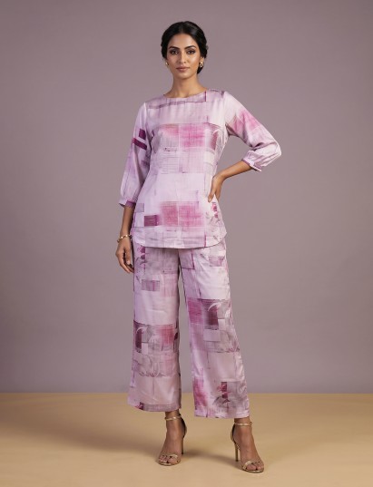 Purple satin printed palazzo co ord set with quarter sleeves