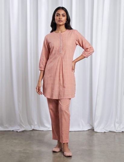 Peach silk checked stand collar co ord set with pants