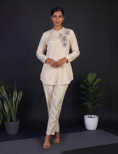 Cream crepe silk embellished pant co ord set with pearl detailing