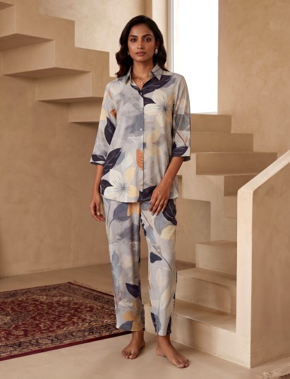 Grey floral printed crepe silk pant co ord set for women