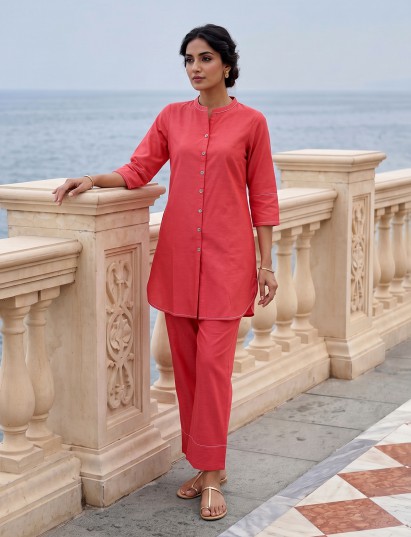 Pink linen solid stand collar pant co ord set for women