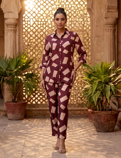 Wine printed crepe silk casual pant co ord set for women