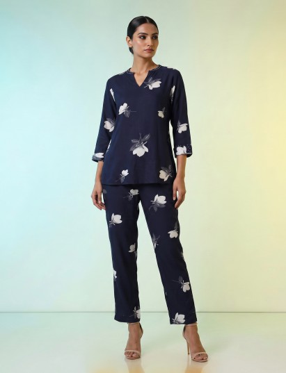 Navy blue floral printed rayon cotton co ord set with stone work