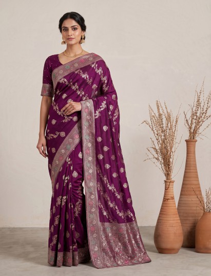 Purple dola silk saree with intricate zardosi sequin zari detailing