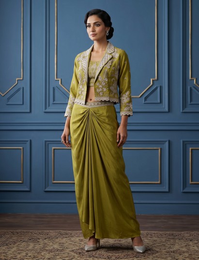 Mehendi green satin silk indowestern suit with jacket