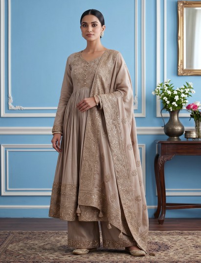 Dark beige cotton silk festive anarkali suit charm