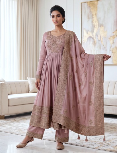 Peach cotton silk sequins anarkali palazzo suit elegance