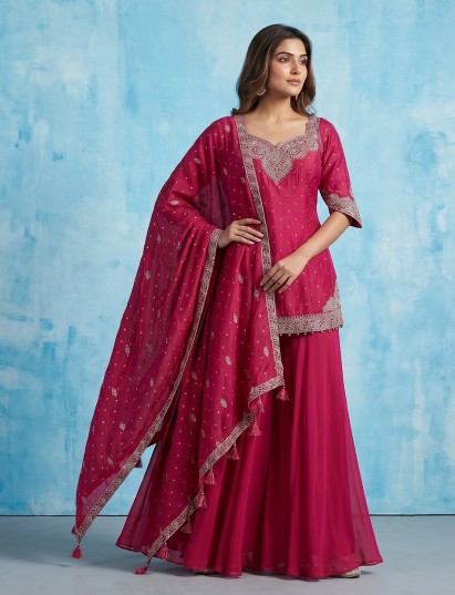 Rani pink silk embellished palazzo suit with dupatta
