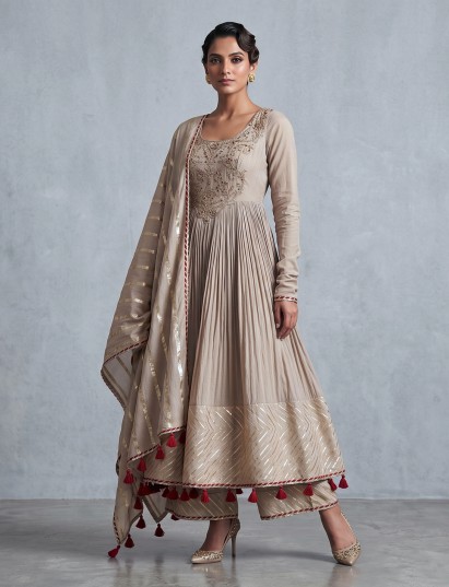 Beige cotton silk anarkali palazzo suit with tassels