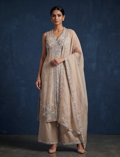 Beige nude silk palazzo suit with timeless elegance