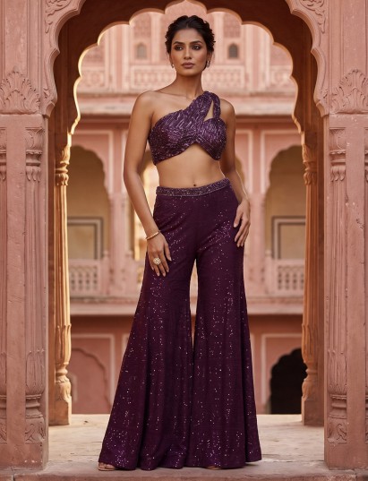 Deep wine Indo western palazzo suit