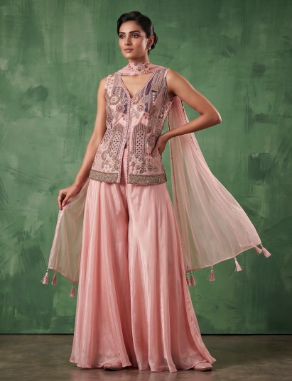 Pastel pink embellished palazzo suit for graceful appeal