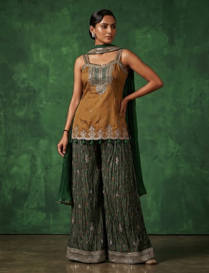 Mustard green palazzo suit with festive elegance