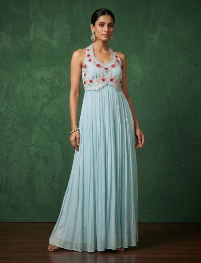 Firozi blue chiffon embroidered Anarkali suit