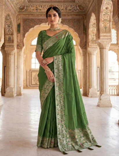 Olive green silk festive saree