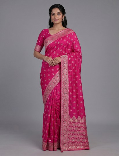 Rani pink crushed silk saree