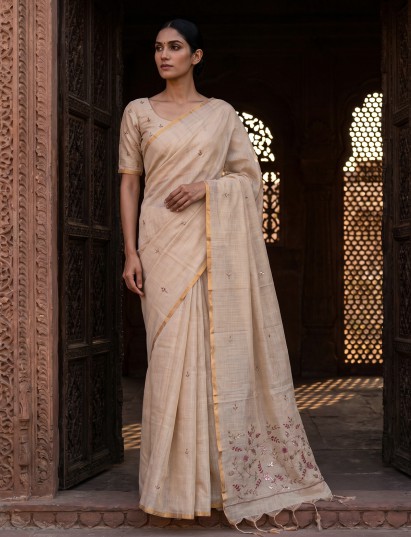 Beige linen blend office wear saree