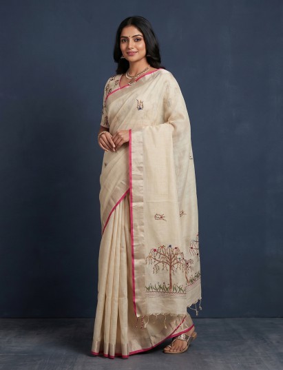 Off white linen blend embroidered saree