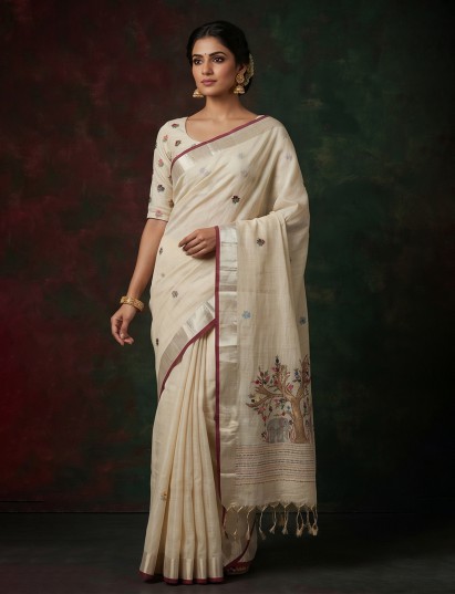 Cream printed embroidered ethnic luxury saree