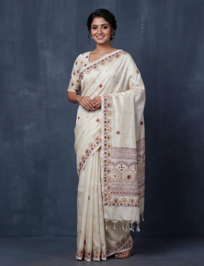 White multicolor threadwork elegant semi tussar silk saree
